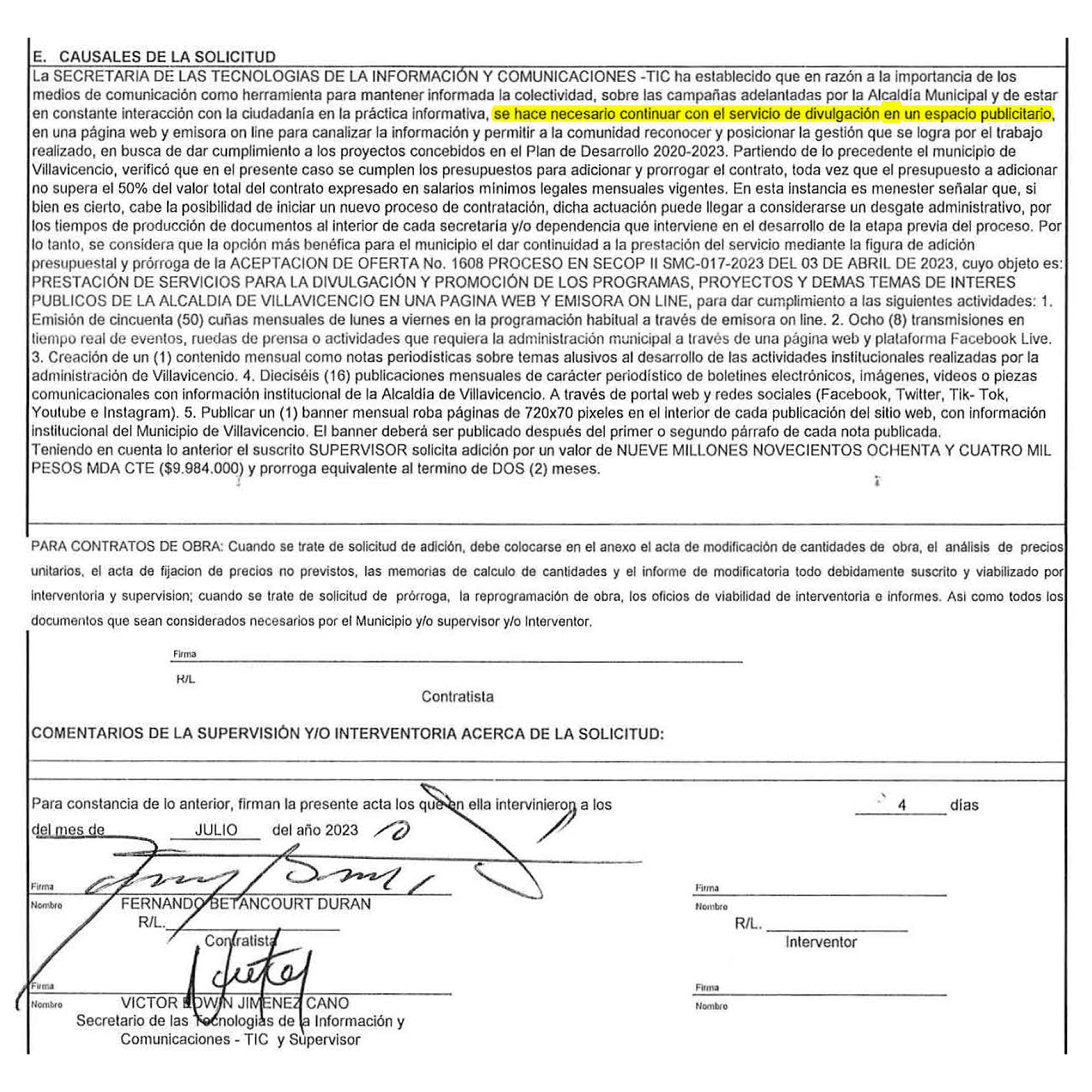 Causal de prórroga y de adición presupuestal de un contrato de pauta oficial